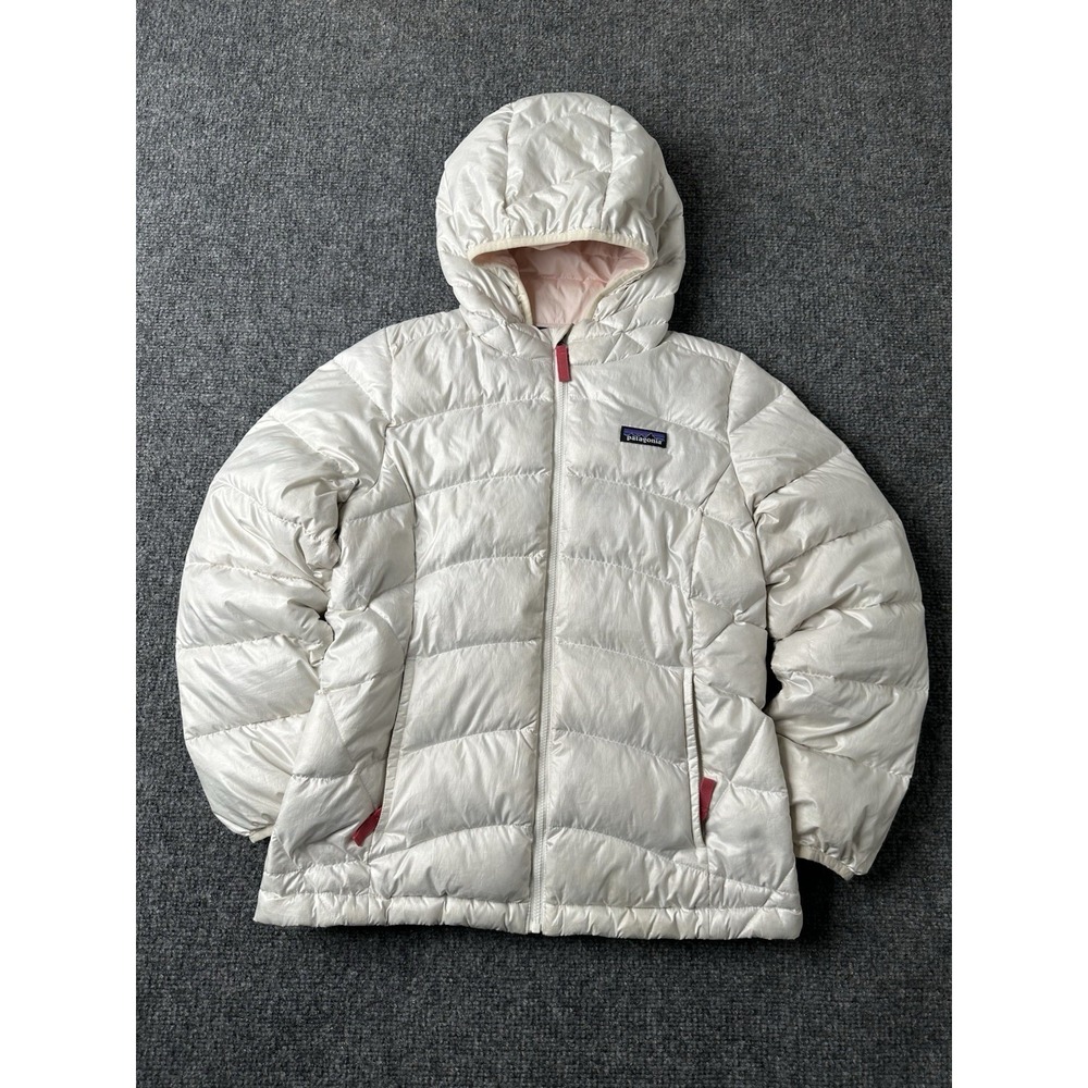 Girls Puffer Patagonia Hooded Down Jacket Cream Pink, Size M 10 Years